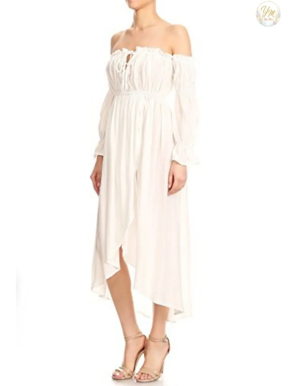 Boho Renaissance Off Shoulder Peasant Maxi Dress with Elastic Waist